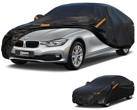 Kayme Autoabdeckung Limousine,Autoplane Wasserdicht Atmungsaktiv, Auto Abdeckplane für Regen Sonne Staub Schutz, Auto Abdeckung für BMW 3er, Jaguar XE, Model 3 etc. Siehe AutoGrößentabelle A9,Schwarz
