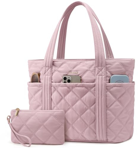 LOVEVOOK Handtasche Shopper Tasche Damen Mittelgroß, Leicht Puffer Tote Bag Arbeitstasche Schultasche mit 15,6 Zoll Laptopfach, Elegant Lehrertasche Handbags Women für Uni Büro Arbeit Reisen, Rosa