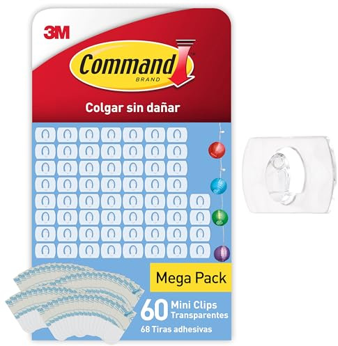 Command Clips de decoración transparentes con tiras transparentes CL026-60, 60 clips + 68 tiras/paquete