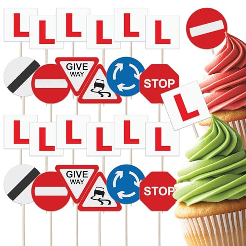 Learner Driver Cupcake Toppers Set - 24pc - L Plates & Road Signs | Celebrate 17th Birthday, Learning To Drive or A New Driver | Cupcake & Cake Decorations