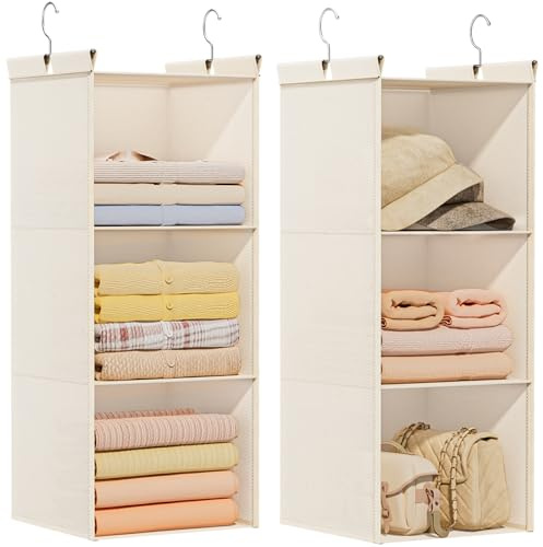 Ofiray-home Pure Cotton Dual Hanging Closet Organizer, 2-Pack 3-Tier Breathable Storage Bags for Wardrobe, RV, Nursery, Small Closets Heavy-Duty Cotton, Natural Beige
