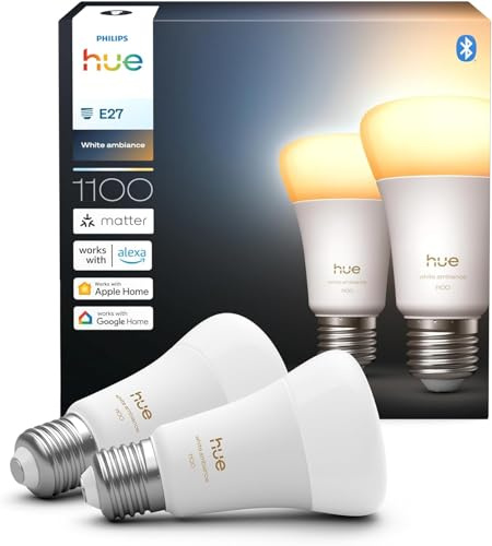 Philips Hue Bombilla LED Inteligente A60, White Ambiance, E27, 8,1 W, luz de espectro completo 1000 K-20.000 K, 1100 lm, regulable, funciona con Alexa, Google Assistant y Apple Home, Pack de 2
