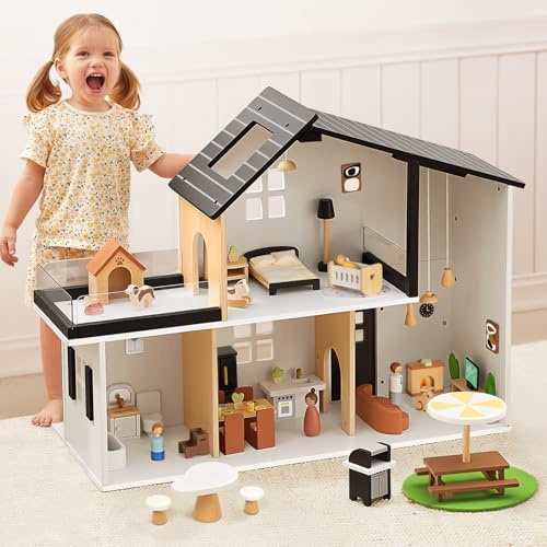 OOOK Maison de poupée en bois, Dollhouse avec 66 meubles et accessoires, Maison de poupée à partir de 3 ans pour filles et garçons, jouets cadeaux pour enfants comprenant des poupées et des ensembles