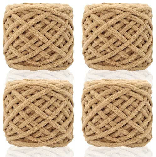 Duscdesp 4x100 g Chenille-ull för virkning Tjockt garn, tjock ull för handstickning, fluffigt chunky garn, färgrik virkulluppsättning, stickgarn, vävning av sjal, mössor, filt
