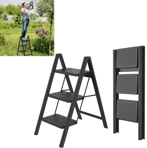 SAILUN Folding Step Ladder, 3-Step, Steel Construction, Non-Slip Rubber Mats, Widened Steps, 250KG Load Capacity, Suitable for Home, Office, Garage, Black