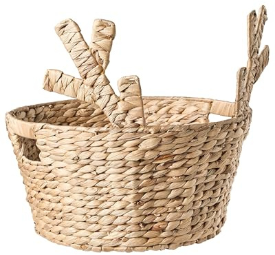 Panier Décoratif de Noël en Jacinthe d'Eau Tressée avec Accessoire Oreille de Renne Naturel Renne