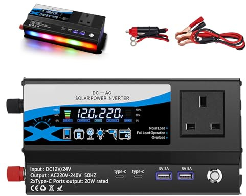 1200W Car Power Inverter, 12V/24V to 220V AC Car Inverter with Dual AC Outlets & 2*USB Port 2*Type-C & Cigarette Lighter, LED Display Power Inverter for Lorry Motorhome Camping