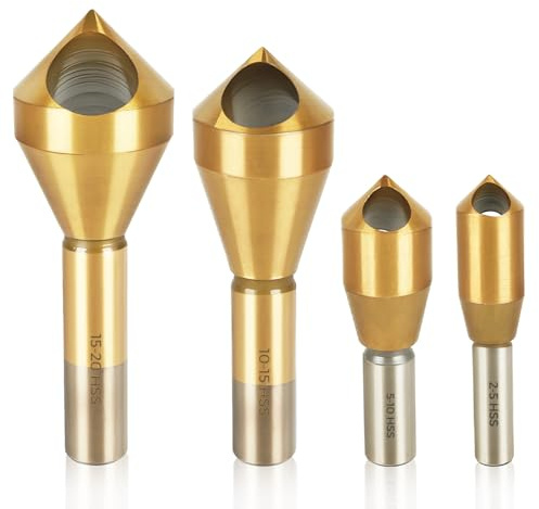 COMOWARE 4pcs TiAIN Coated Chamfer Tool M2 Chamfer Bit 90-Degree Countersink Drill Bit Set for Wood & Metal, Heavy Duty Countersink Bit SAE 1/4-3/4, 2-5, 5-10, 10-15, 15-20mm
