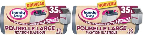 Handy Bag - Sacchi per rifiuti con fissaggio elastico, per pattumiere, larghi, 35 x 12 sacchetti - Adatto per bidoni rettangolari - Ultra resistente e impermeabile: pellicola a triplo spessore - 100%