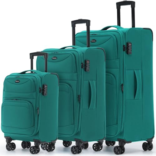 Münicase Stoffkoffer erweiterbar mit Frontfächern,15% Extra-Volumen, TSA-Schloss, 360° Doppelrollen & verdecktem Namensschild (Türkis, Kofferset (3-teilig) erweiterbar)
