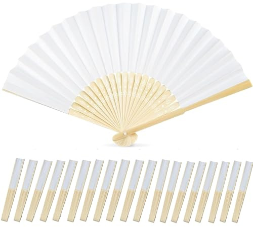 GOHOY 20 Pcs White Paper Fans Handheld,Bamboo Foldable Hand Fan for Women,DIY Blank Painting Fan for Wedding Party Home Decoration