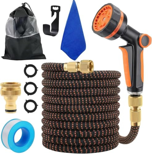 Expandable Garden Hose Pipe - 100FT Flexible Expandable Water Hose with 10-Function Spray Gun, with 3/4, 1/2 Solid Brass Fittings Durable Latex Retractable No-Kink Hose Pipe for Outdoor Pet Bathing
