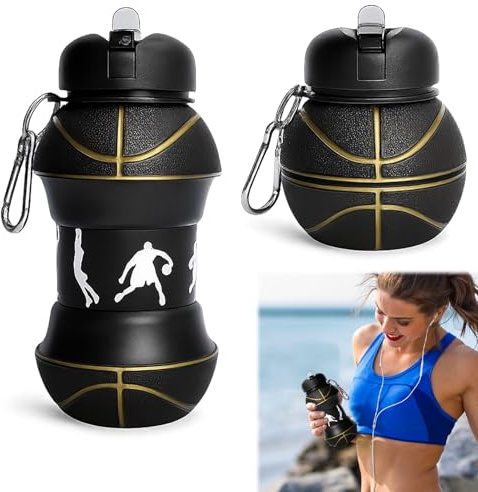 Ebksqs Botella de Agua Deportiva 550ml - Baloncesto Plegable de Silicona para Viajes, Cantimplora Compacta para Gimnasio y Actividades al Aire Libre