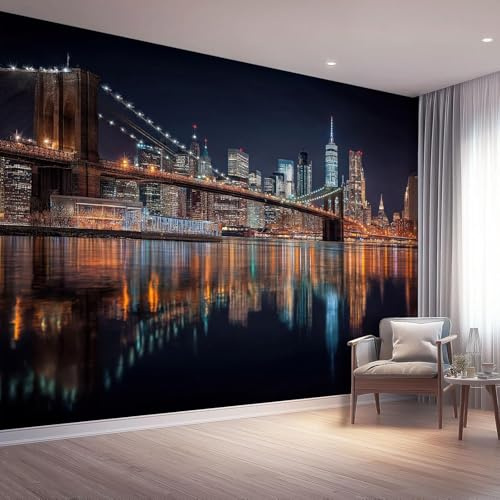 3D Fotomurales Ciudad de Nueva York 400x280 cm Decorativos Papel Pintado Panorámico Mural Vista Nocturna de Nueva York Tejido No Tejido Decoración de Pared Murales Moderna de Diseno w.3564