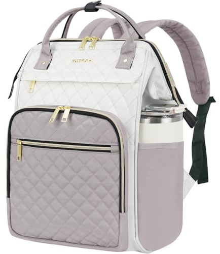 EMPSIGN 17 tums Laptopryggsäck för kvinnor, arbets- och reseryggsäck för dator, stor kapacitet, vattentät quiltad vardagsryggsäck, Beige-Dammrosa