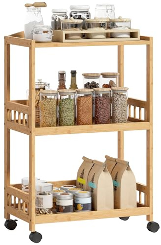 HOMCOM Chariot de Cuisine à 3 Niveaux, 53 x 30,5 x 83 cm, Bois Naturel