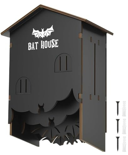 Großer Fledermauskasten aus Holz, Wetterfest Bat House für Outdoors, Garten Fledermaushaus mit Halterung, fertig montiert, Fledermausbox als Unterschlupf für Fledermäuse im Sommer und Winter, Schwarz