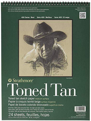 STRATHMORE Toned Tan Sketch, 400er Serie, hellbraunes, recyceltes Skizzenpapier, mittlere Körnung, 118 g/m², an der langen Seite Spiralgebundener Block, 28 x 36 cm, Hellbraun, 24 Blatt