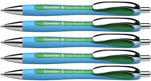 Schneider 132504 Slider Rave XB Kugelschreiber (Strichstärke: XB, dokumentenechte Mine, Made in Germany) 5 Stück, Schreibfarbe: grün