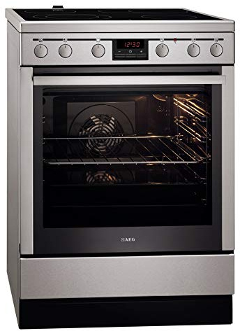 AEG Four électrique autonome 47056VS-MN - 60 cm - Avec plaque de cuisson vitrocéramique - Zones de cuisson avec zone de cuisson et indicateur de chaleur résiduelle - 72 l - Four à air chaud - Affichage de la minuterie - Classe A - Argent et noir