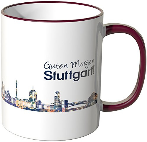 WANDKINGS® Tasse, Schriftzug Guten Morgen Stuttgart! mit Skyline bei Nacht - Bordeaux