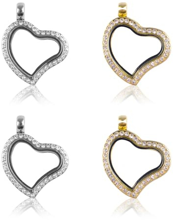 WANDIC Strass Foto Charm, 4 Stück Herz Form Kristall Bilderrahmen Bouquet Charm, Memory Medaillon für 2 Fotos