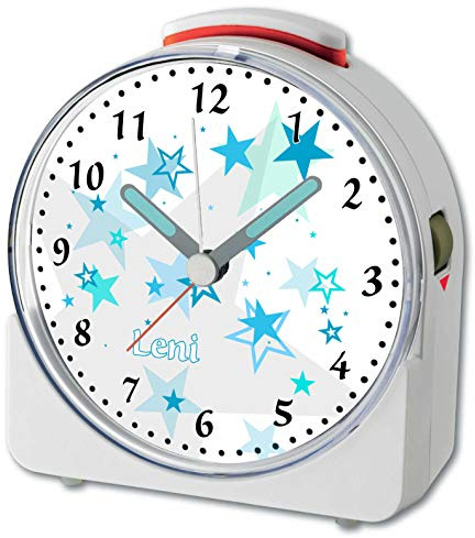 CreaDesign, WU-71-1030-13, Sterne Türkis, analog Kinderwecker weiß, Funkwecker mit Sweep-Uhrwerk und fluoreszierenden Zeiger und Licht, personlisiert mit Namen, 10,2 x 4,6 x 11 cm