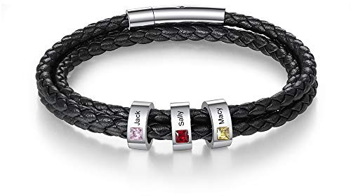 ALBERTBAND Herren Armband Personalisierte Armband mit Gravur Geburtssteine Silber Leder Armband Freundschaft Familie Geschenke Silber Charm Armband