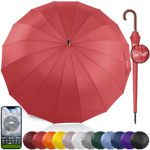 Royal Walk Parapluie Automatique pour Homme et Femme Résistant aux Vent, Solide, Anti Tempete, XXL Grand Taille, Parapluie Canne, De Golf, Pour 2 Personnes, Poignée en Bois, 16 Baleines, 120 cm Rouge