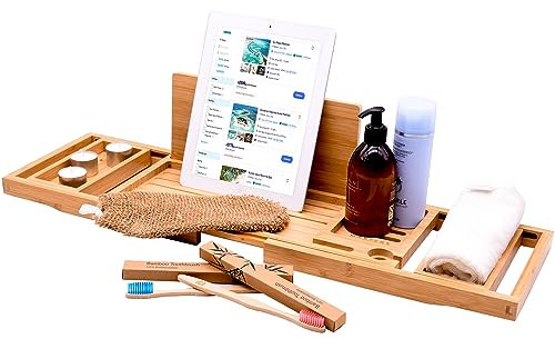 Bamboo Bath Tray, Luxury Extendable Caddy Eco-Friendly with Candle, Wine Glass, Book, iPad & Phone Holders - Adjustable for a Home Spa Experience