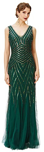 BABEYOND Damen-Flapper-Kleid, 1920er-Jahre, V-Ausschnitt, Abendkleid, Pailletten, Perlen, Maxikleid für Hochzeit, Grün, Gold