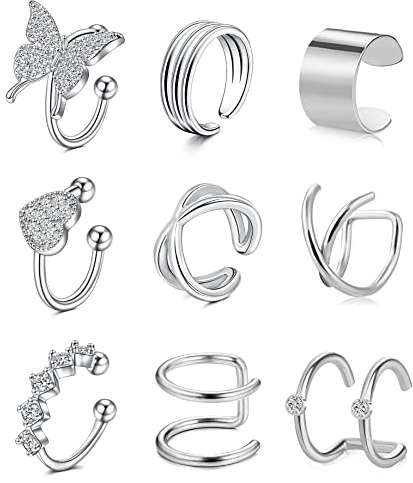 incaton 9Stk Ear Cuff Ohrklemme Ohrclips Damen Ohne Ohrlöcher Fake Ohrringe Silber Fakepircings Ohr Helix Klipp Ohrringe Schmuck
