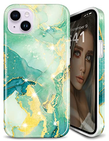 JIAXIUFEN Designad för iPhone 14 fodral guld gnistrande glitter marmor smal stötsäker skyddande TPU mjukt gummi silikonskydd telefonfodral 6,1 tum mintgrön