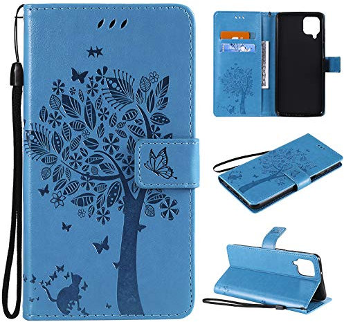 Fatcatparadise Kompatibel mit Samsung Galaxy A6 2018 Hülle, Handyhülle Samsung A6 2018, Prägung Muster Schutzhülle PU Leder Wallet Case Klappbar Flip Hülle Brieftasche Ledertasche (Blau)