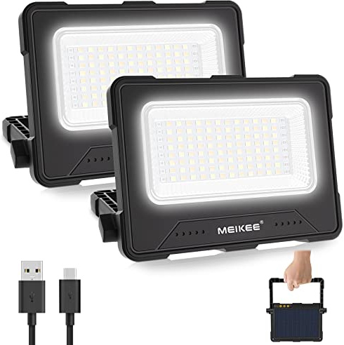 MEIKEE Foco LED de 80 W, 12000 mAh, con batería, 4 modos de luz, lámpara de camping, portátil, 5 niveles de luminosidad, carga solar, carga USB, lámpara para camping, garaje, construcción, reparación