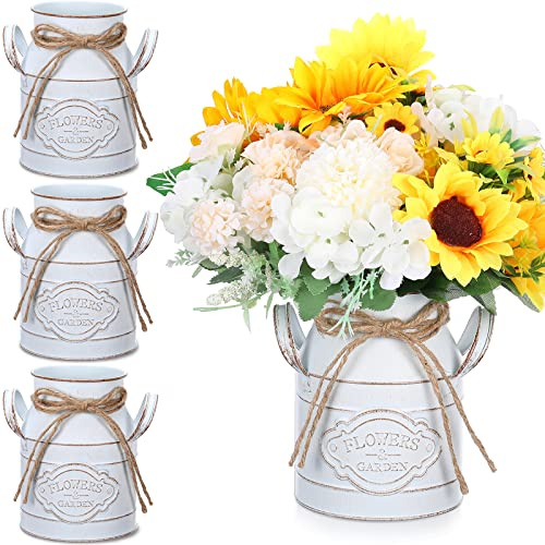 Roshtia 4 Pcs 6 Inch Vintage Galvanized Milk Can Vase Spring Farmhouse Metal Vases Milk Jug Vase Decor with Handle Rustic Flowers Buckets for Weddings Table Centerpiece (Retro White)