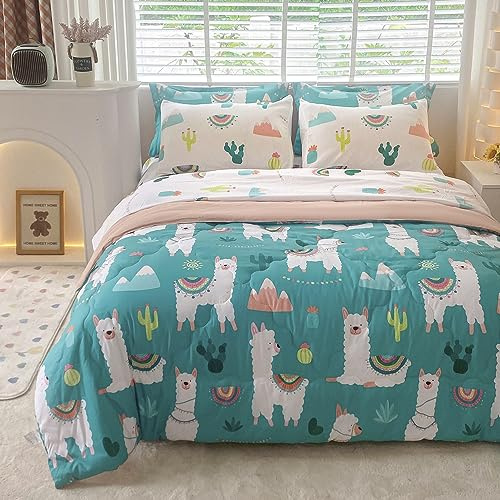 Wajade Kids Cute Llama Comforter Set Bed in A Bag Full Size 7 Piece Green Alpaca Tropical Plant Bedding Set for Girls Boys (1 Comforter, 1 Flat Sheet, 1 Fitted Sheet, 2 Pillowcase and 2 Pillow Sham)