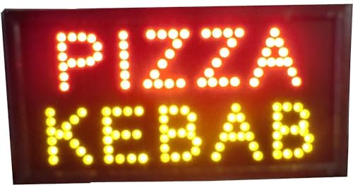 CUCUBA Cartel de mesa de reclamación luminosa con inscripción - Pizza Kebab 48 x 25 x 2 cm con led [clase energética A] para publicidad, amarillo