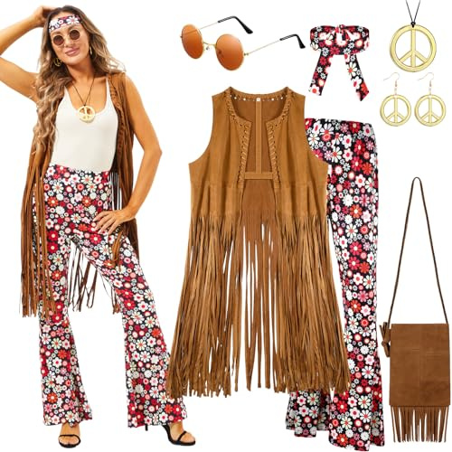 Hestya Frauen Hippie Kostüm Set Fransen Weste Schlaghose Fransen Tasche Frieden Zeichen Halskette Ohrringe Stirnband Sonnenbrille Hippie Faschingskostüm für Halloween 60er 70er Jahre Mottoparty (L)