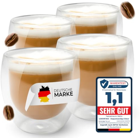 Lemontree 4er Set Cappuccino Tassen 250ml - Cappuccino Gläser doppelwandig, Gläser hitzbeständig, moderne Design Kaffeetassen aus Borosilikatglas