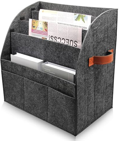 RSHVSMS Zeitschriftenständer, Modern sammler Faltbarer ,Aufbewahrungsständer für große Filz-Zeitungskörbe,abnehmbare 4-lagige Trennwand,3 kleine Außentaschen,Lager für Haus und Büro (Dunkelgrau)