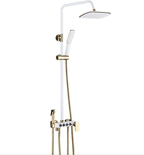 Duschset Hochdruck weiß mit goldenem Duschsystem Duschset mit Messing-Duscharmatur Edelstahlgehäuse ABS-Duschkopf Handbrause Shattaf 1,5 m Brauseschlauch Thermostat