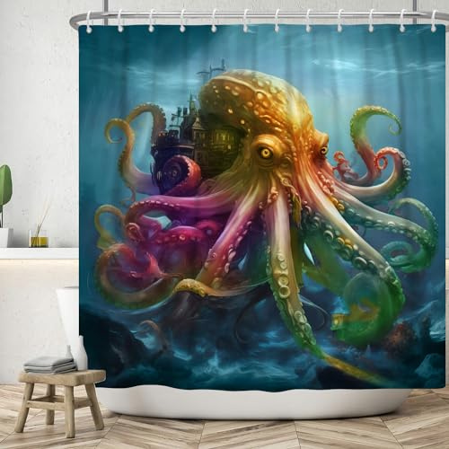 ASDCXZ Oktopus Duschvorhang 120x200 cm, Cartoon Bunt Oktopus Blau Ozean Schloss Waschbar Duschvorhänge Polyester Stoff Wasserdicht Anti Schimmel Duschvorhang für Badewanne mit 8 Haken