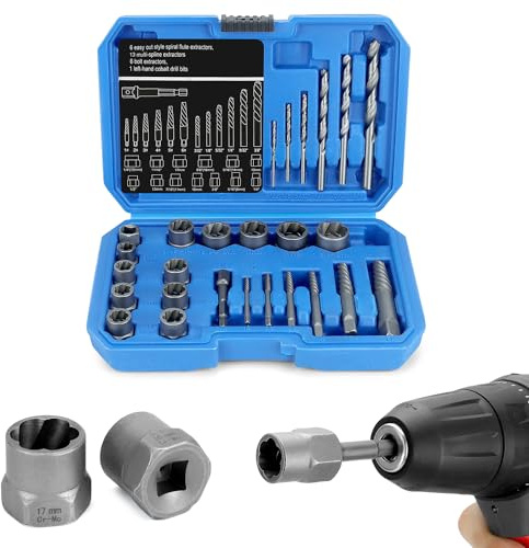 QWORK® 26 pièces jeu d'extracteurs de vis professionnels, insert de cléà douille, jeu d'extracteurs à gauche, 8-19 mm