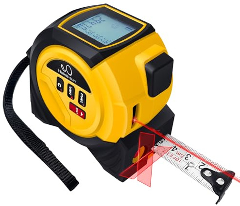 Fitdays 4-in-1 Laser-Entfernungsmesser 40 m mit Großem LCD-Display | Digitales Laser- Messgerät in/ft/m Berechnungen | Maßband 5M | Kreuzlaser für Waagerechte/Senkerechte| (Gelb-ZB3/1)