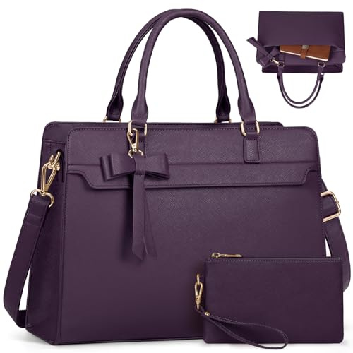 RAINSMORE Handtasche Damen Shopper Damen Groß 15.6 Zoll Laptoptasche Damen Wasserdicht PU Leder Arbeitstasche Umhängetasche mit Geldbörse 2-teiliges Set für Business Arbeit Schule Lila