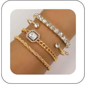 Xmsrn Vintage Geschichteten Kristall Tennis Armband Strass Armreif Armband Set Gold Klobig Cz Kandare Kette Armband Kristall Quadrat Armband Schmuck Für Frauen Und Mädchen （gold）