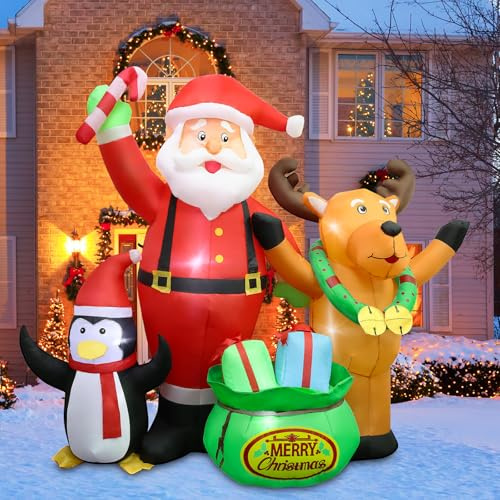 Aufblasbare Weihnachtsdeko Aufblasbarer Weihnachtsmann: 1,75M/ 6FT Weihnachtsmann Aufblasbare Mit Weihnachtshirsch Pinguin Mit LED Beleuchtet - XXL Weihnachtsdeko IP44 für Außen Innen Garden
