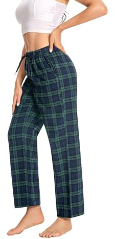 Cyathea Pantalon de pyjama pour femme - 100% flanelle de coton - Pantalon de pyjama à carreaux - Avec poches - Vêtement de nuit - Bas de pyjama doux pour femme - Taille réglable avec cordon de