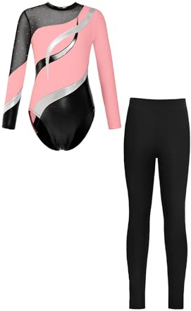 Sxiwei Gymnastikanzug Mädchen Langarm Glänzend Ballettanzug Tanz Trikot mit Gymnastikhose Leggings Sport Tanzoutfit